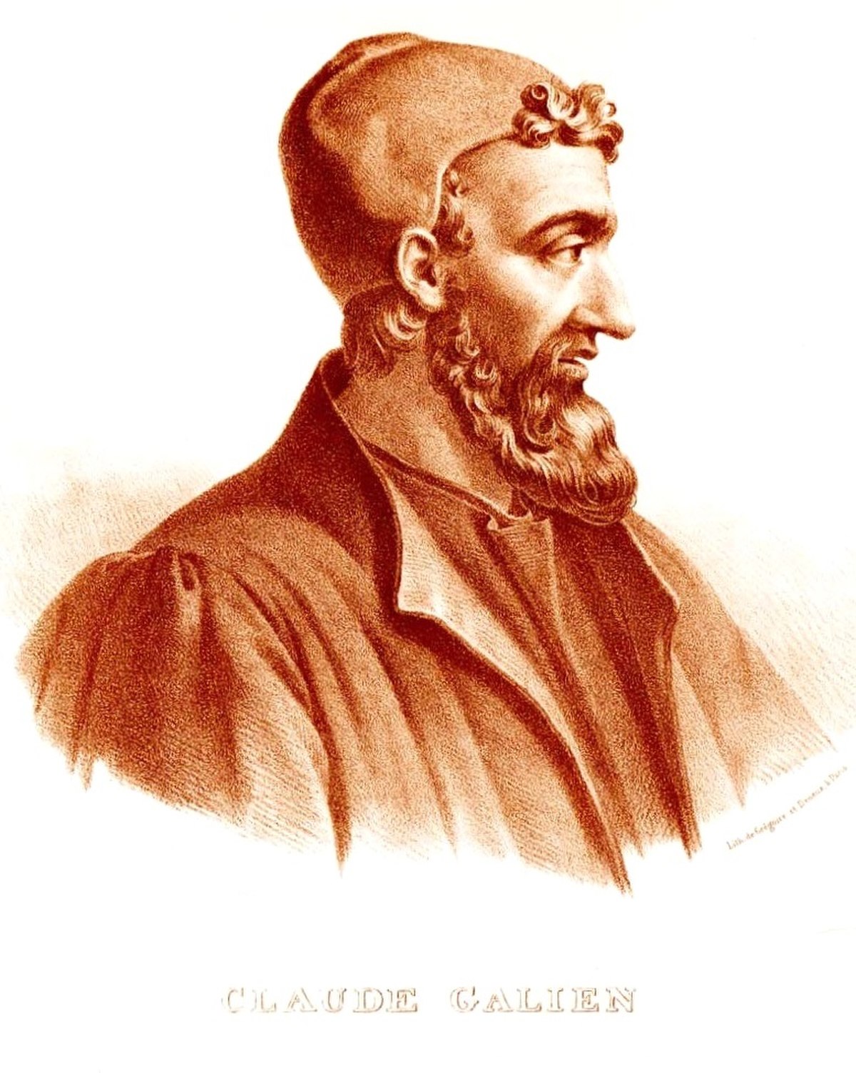 A portrait of Galen, also known as Claude Galien, is presented, depicting him in profile with a cap and a beard. The name "CLAUDE GALIEN" is inscribed below the portrait.