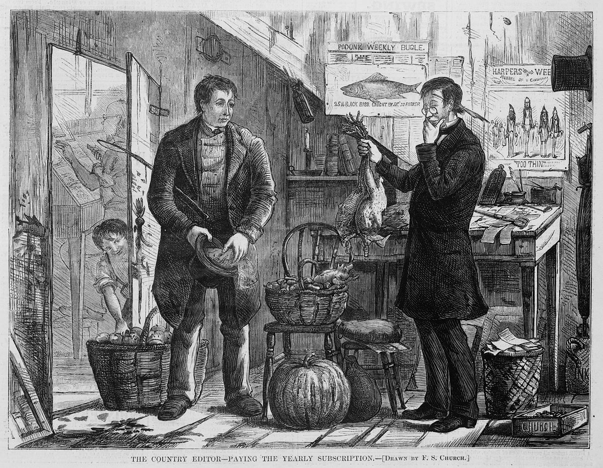 An 1874 newspaper illustration from Harper's Weekly titled "THE COUNTRY EDITOR, PAYING THE YEARLY SUBSCRIPTION, (DRAWN BY F. S. CHURCH)" shows a man offering farm produce, including chickens, a pumpkin, and other items in baskets, to a country editor in exchange for a newspaper subscription. Posters for "HARPER'S WEEKLY" and "WEEKLY" are visible on the wall.