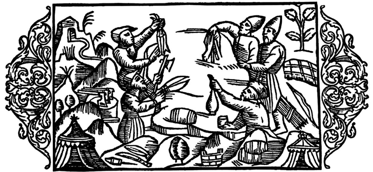 A woodcut illustration from Olaus Magnus's 1555 work depicts Scandinavian and Russian traders engaging in barter. The scene shows various individuals exchanging goods such as fish, furs, and other wares, with tents and natural landscapes in the background.