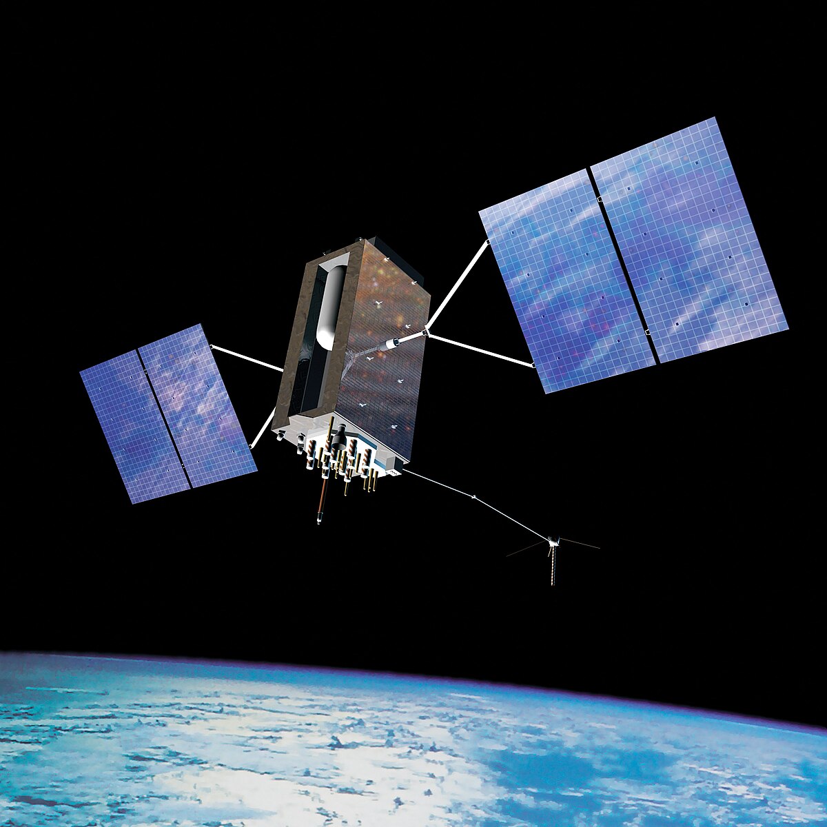 Illustration of a GPS Block IIIA satellite orbiting Earth, featuring large solar panels extended from its central body. The satellite is depicted against the blackness of space with the curved blue and white Earth below.