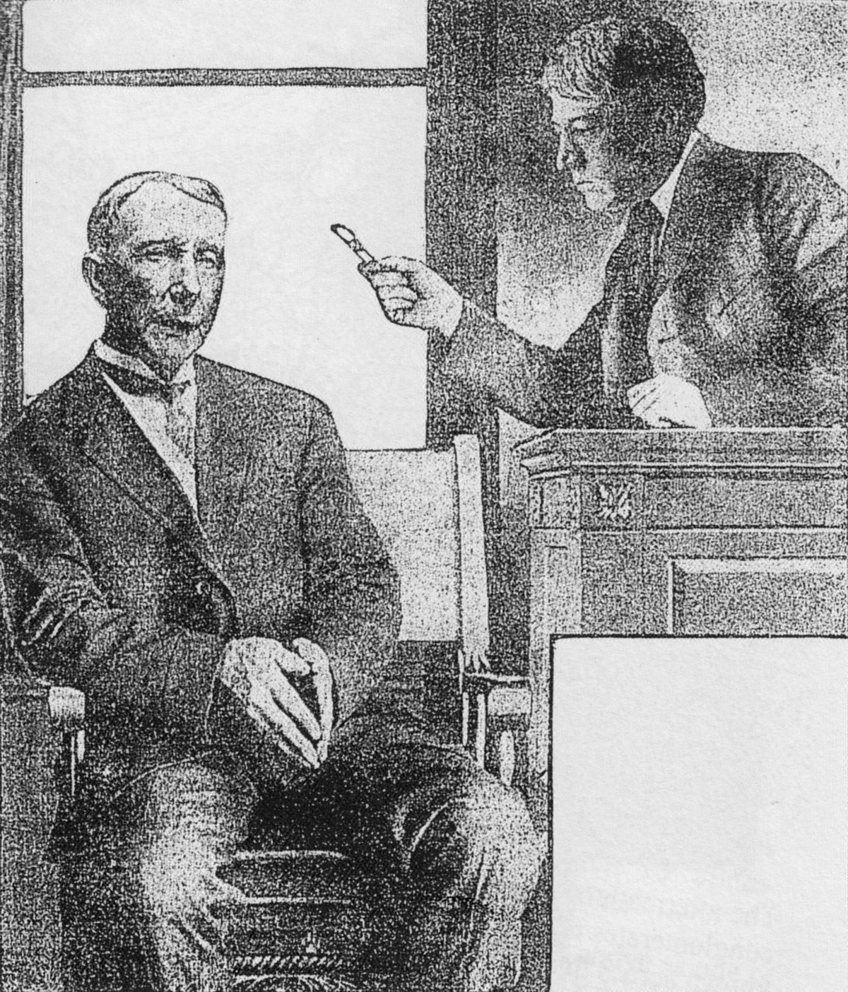 A black and white illustration depicts John D. Rockefeller sitting in the witness stand, with Judge Kenesaw Mountain Landis standing and pointing a finger at him. The scene captures Rockefeller testifying on July 6, 1907, during a legal proceeding.
