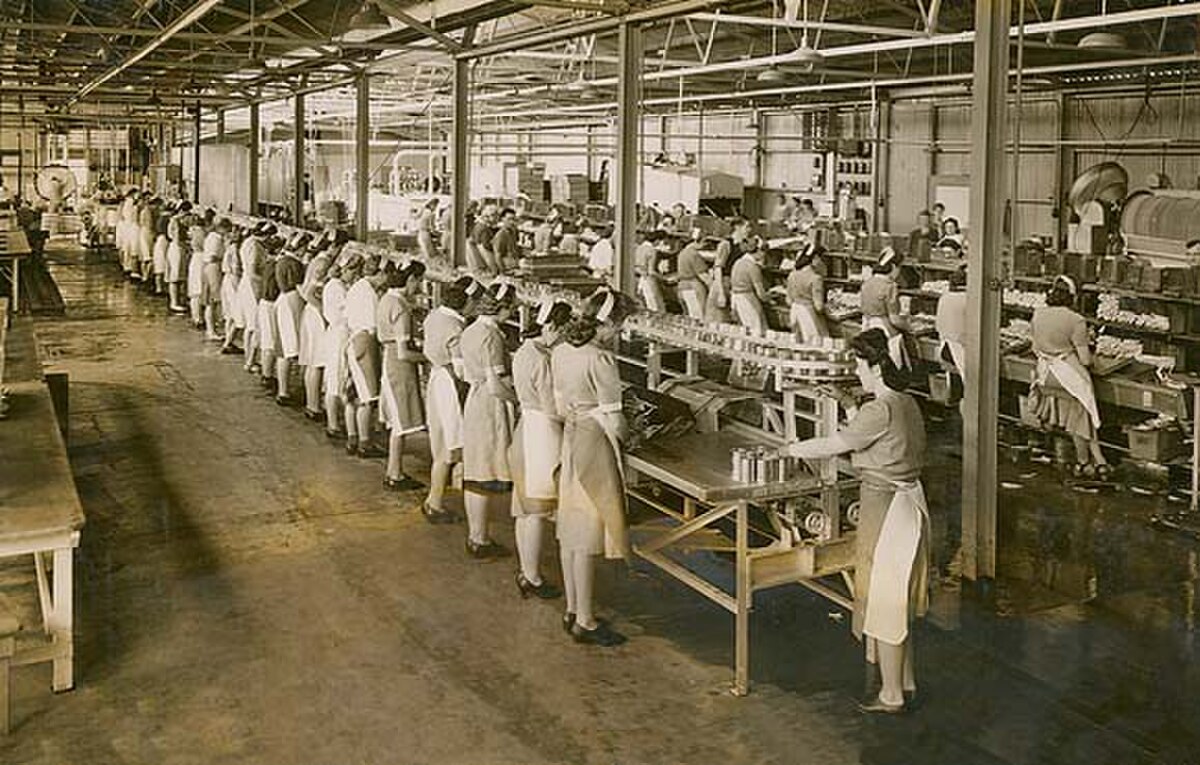 Black and white photograph showing a long line of women working in a cannery, processing food on an assembly line. They are wearing uniforms and hair coverings.