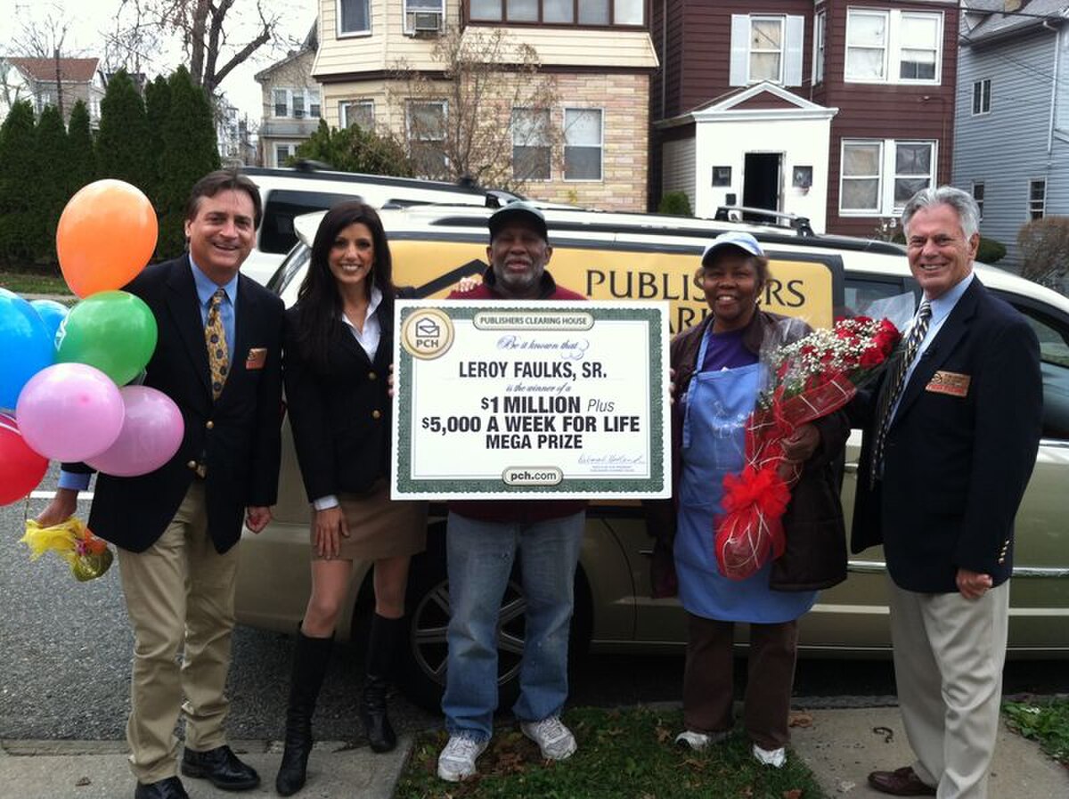 The Publishers Clearing House Prize Patrol delivering an oversized check to a sweepstakes winner in 2011. The check is for "$1 MILLION PLUS $5,000 A WEEK FOR LIFE MEGA PRIZE" and features the Publishers Clearing House logo.