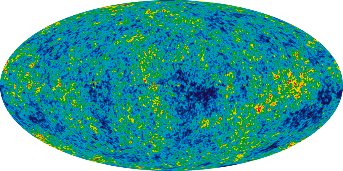 A false-color map of the cosmic microwave background (CMB) radiation from the WMAP 2012 data is displayed in an oval projection. The map shows temperature fluctuations across the sky, with colors ranging from deep blue (cooler) to red (warmer), indicating the early universe's structure.