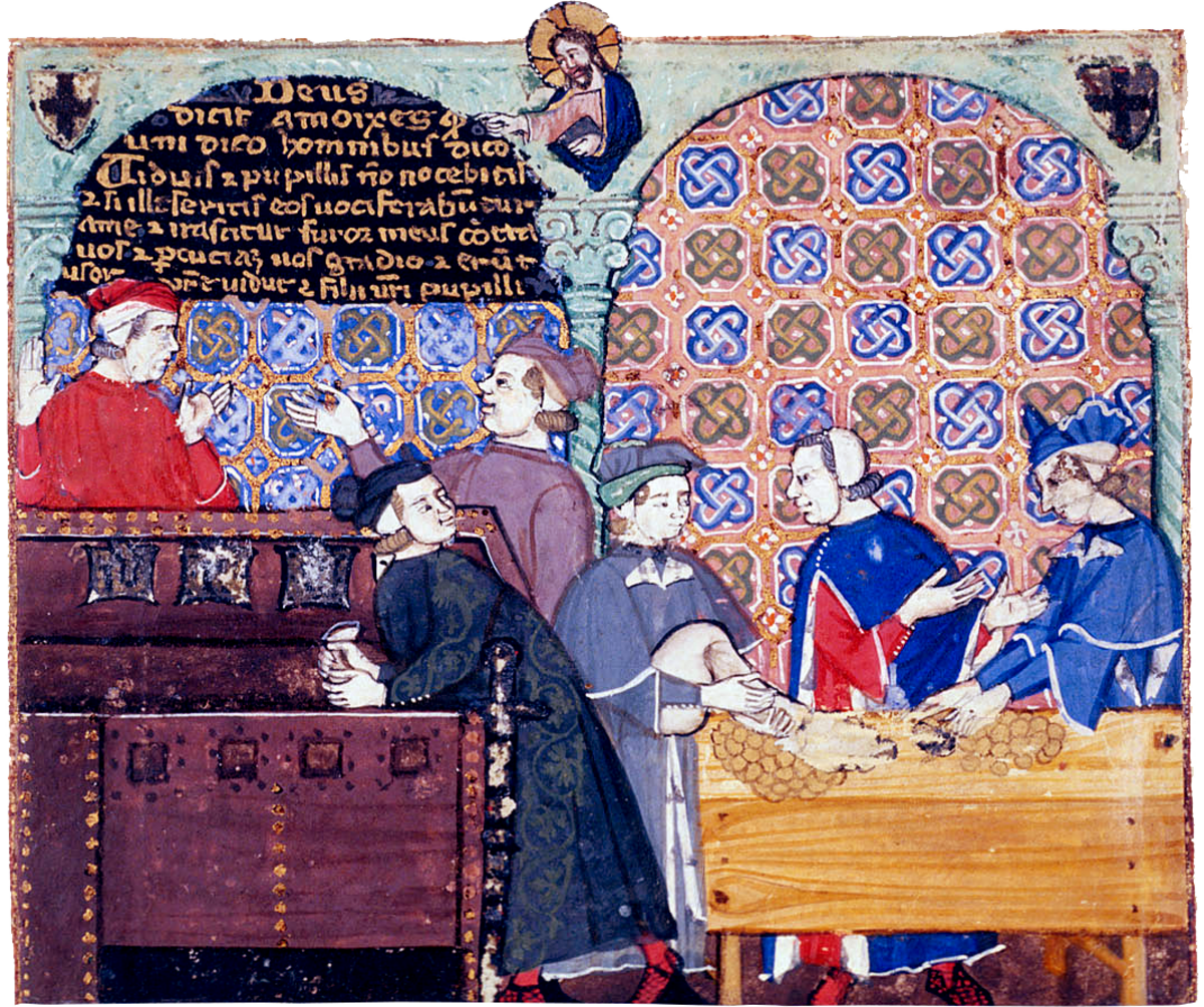 A 14th-century illuminated manuscript depicting bankers and merchants in an Italian counting house. Several men dressed in medieval tunics and hats stand around wooden counters filled with piles of coins and ledgers, with a Latin inscription painted on the dark wall above. A small figure of Christ looks down from the upper archway above the central column.