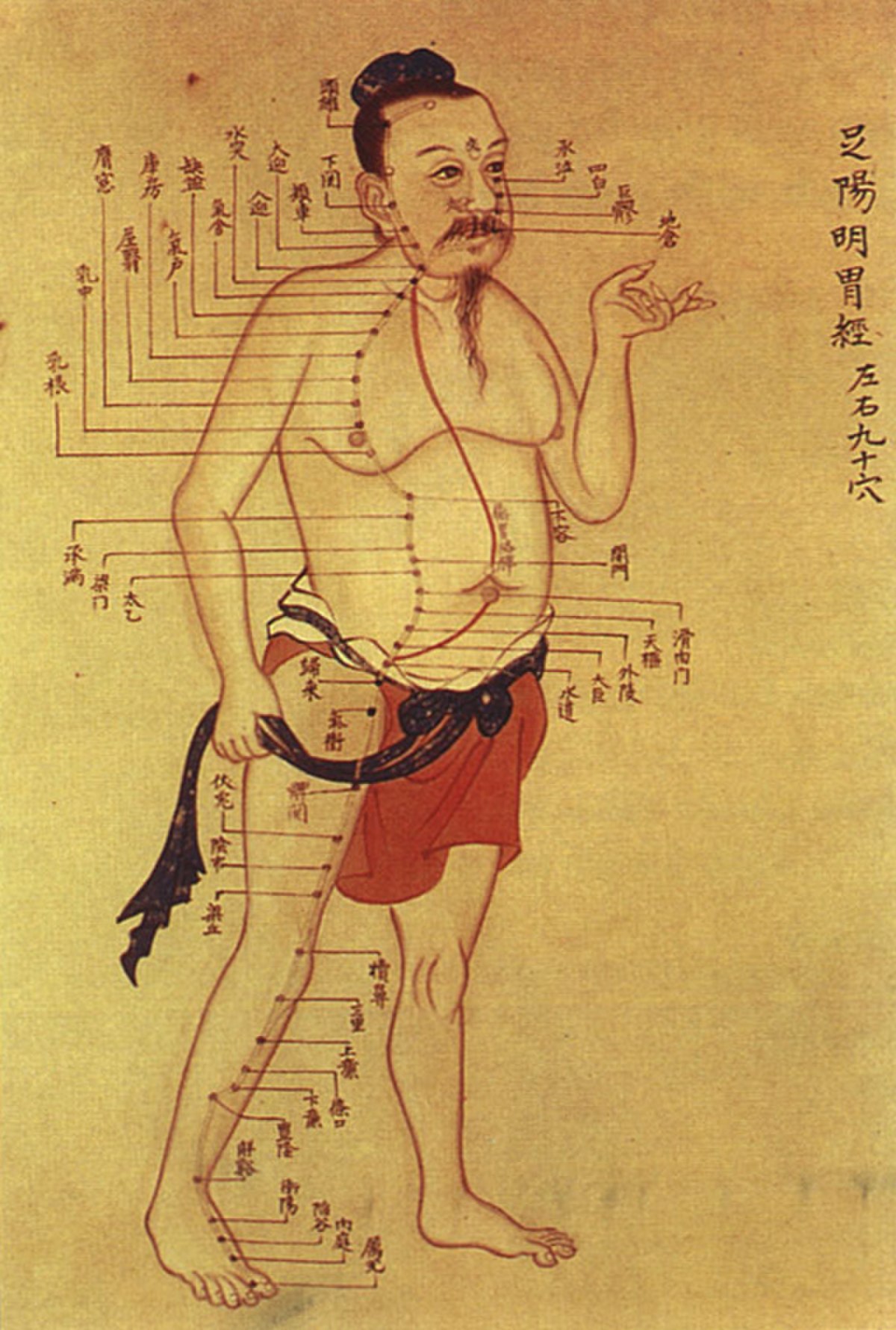 An old Chinese medical chart illustrating acupuncture meridians and points on a male figure. The figure is depicted in traditional Chinese art style, with lines connecting various points on the body, labeled with Chinese characters.