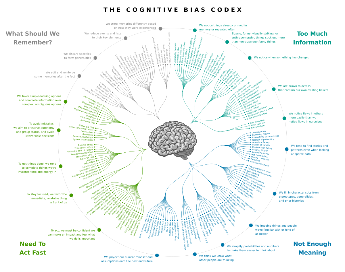 The Cognitive Bias Codex, a radial diagram illustrating various cognitive biases categorized by their underlying causes. A central brain icon is surrounded by four main categories: "What Should We Remember?", "Too Much Information", "Not Enough Meaning", and "Need To Act Fast," each branching out into numerous specific biases.