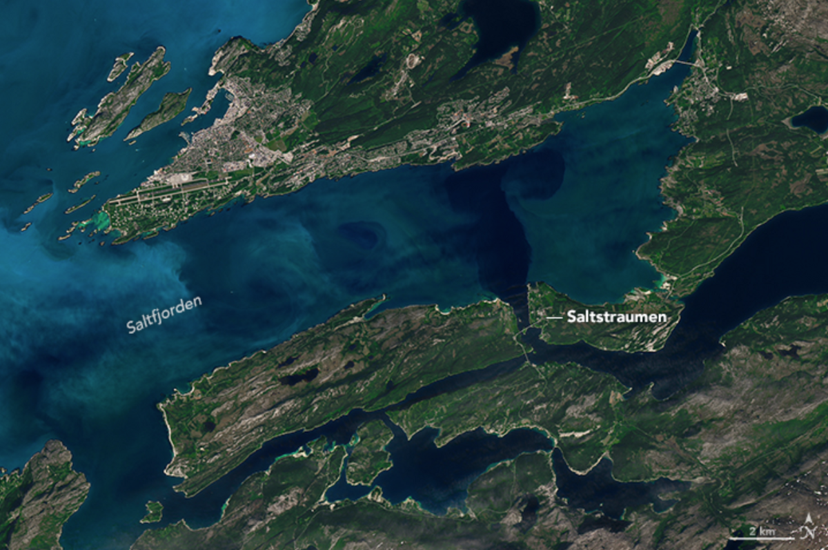 A NASA satellite image displays the Saltstraumen current in Norway, characterized by churning waters and visible phytoplankton blooms. The image highlights the narrow strait of Saltstraumen connecting the larger Saltfjorden to the open sea, with detailed coastal geography and urban areas.