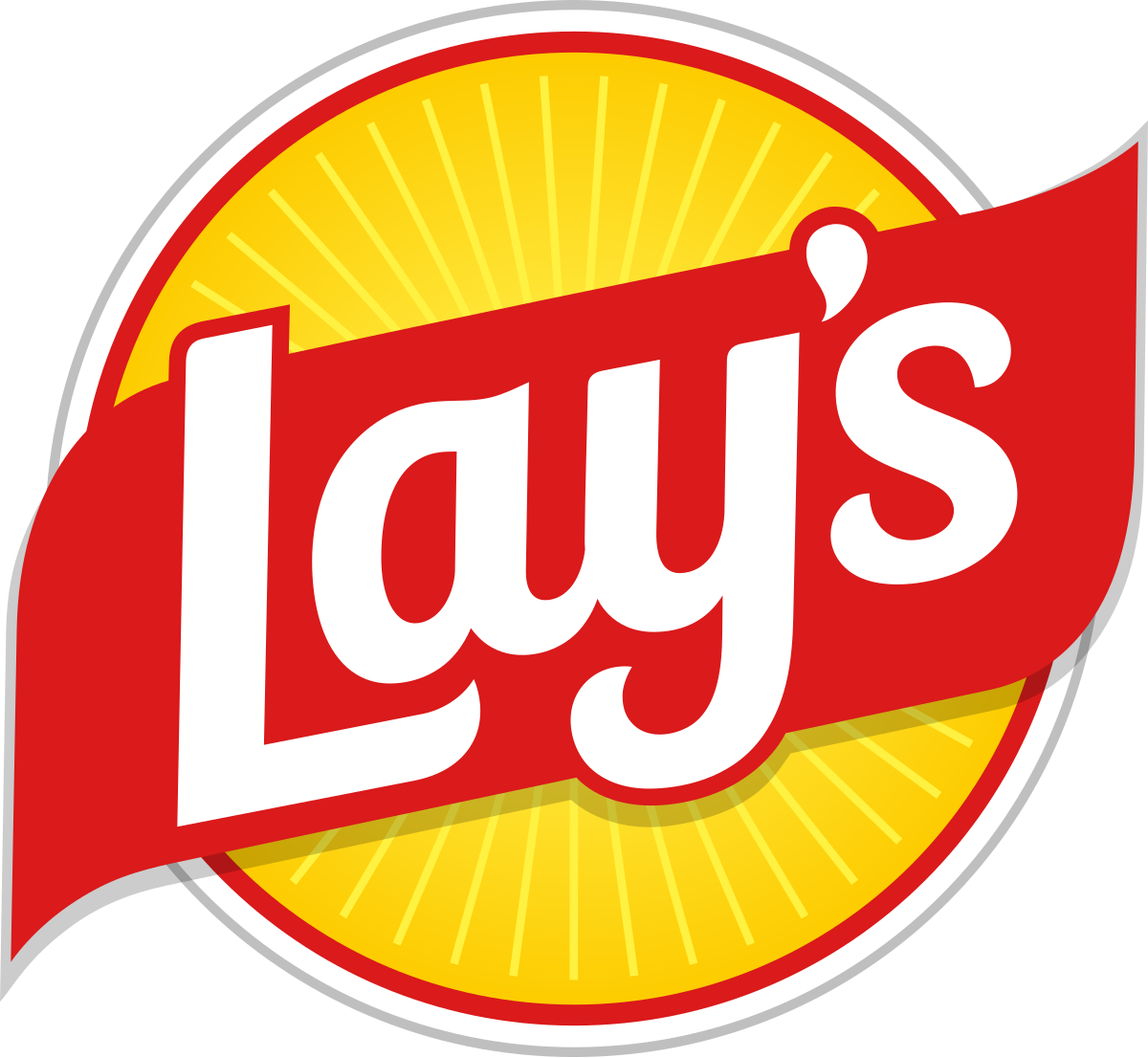 Logo for Lay's potato chips, featuring the brand name in white capital letters on a red banner, set against a yellow sunburst background. The entire design is enclosed within a white and gray circular outline.
