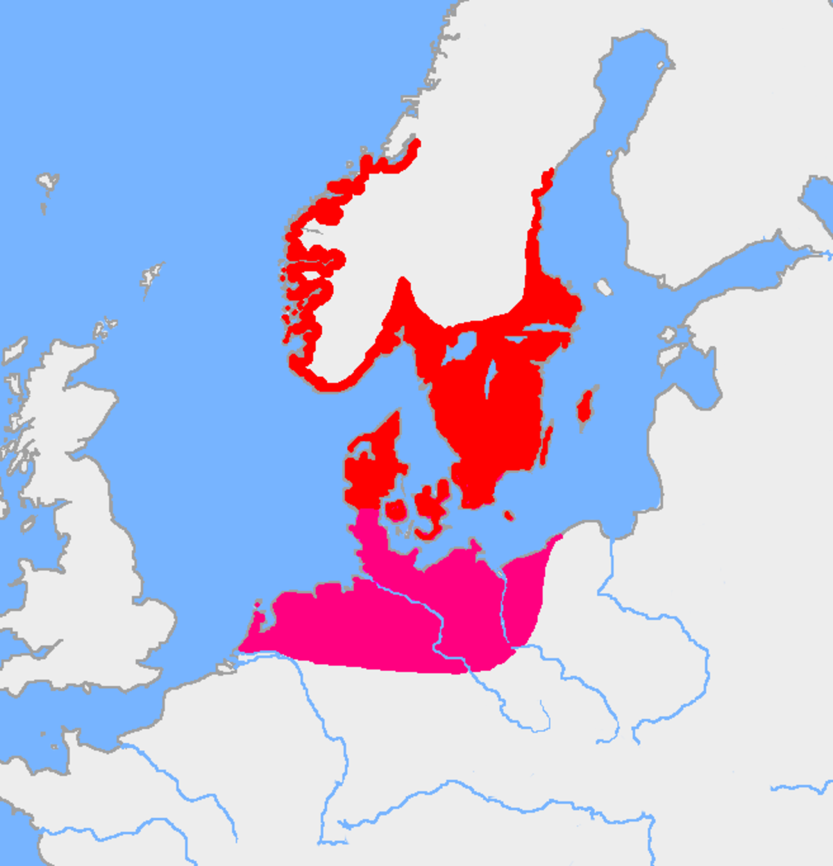 A map of Northern Europe shows the distribution of cultures associated with Proto-Germanic during the pre-Roman Iron Age, around 500 BC. The Nordic Bronze Age area in Scandinavia is red, and the Jastorf culture of the North German Plain is magenta.