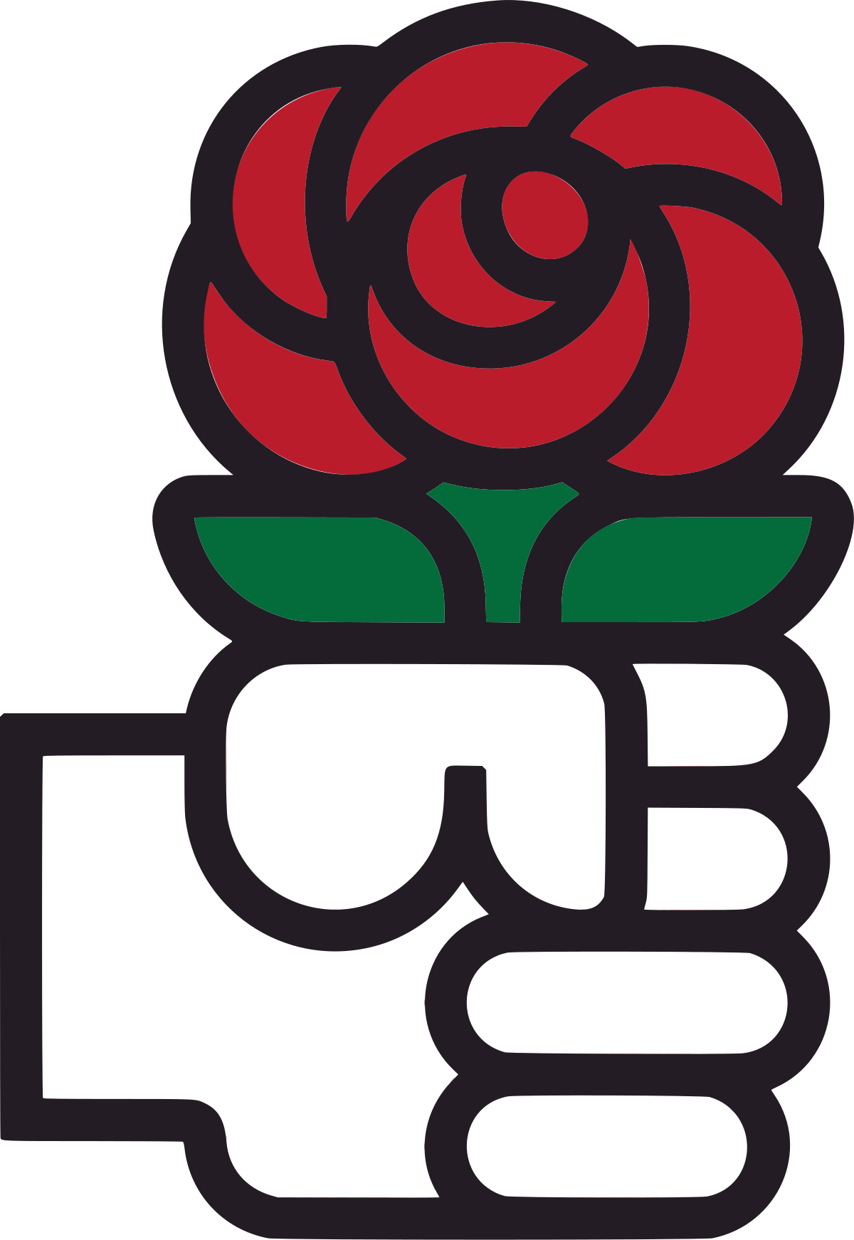 Logo depicting a stylized fist clenching a red rose with green leaves. The fist is outlined in black, and the rose petals are red.