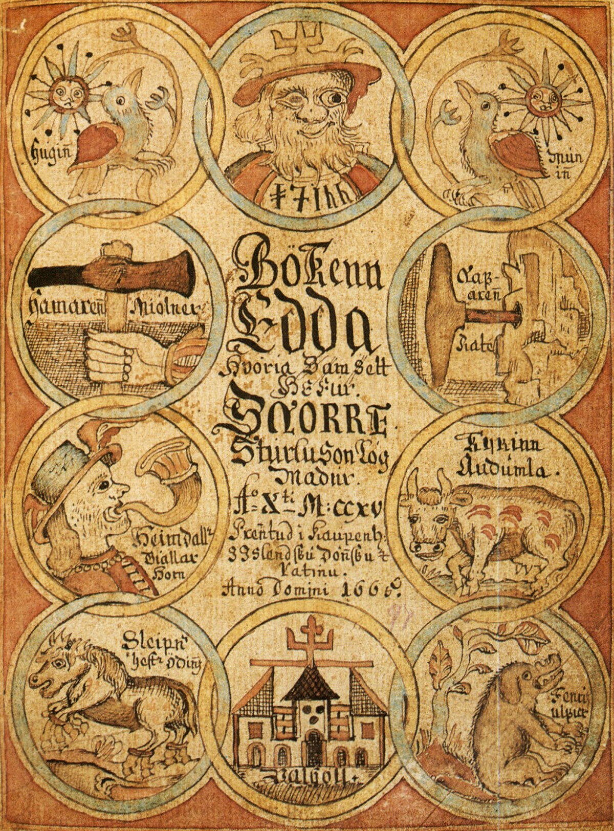 The title page of a late manuscript of the Prose Edda, written by Snorri Sturluson in the 13th century, features illustrations of Ancient Norse Gods and figures. Circular vignettes depict Odin, Heimdallr, Sleipnir, Hugin, Munin, Mjolnir, and other elements from Norse mythology, surrounding the central text "BOKENN EDDA" and the date "Anno Domini 1669".