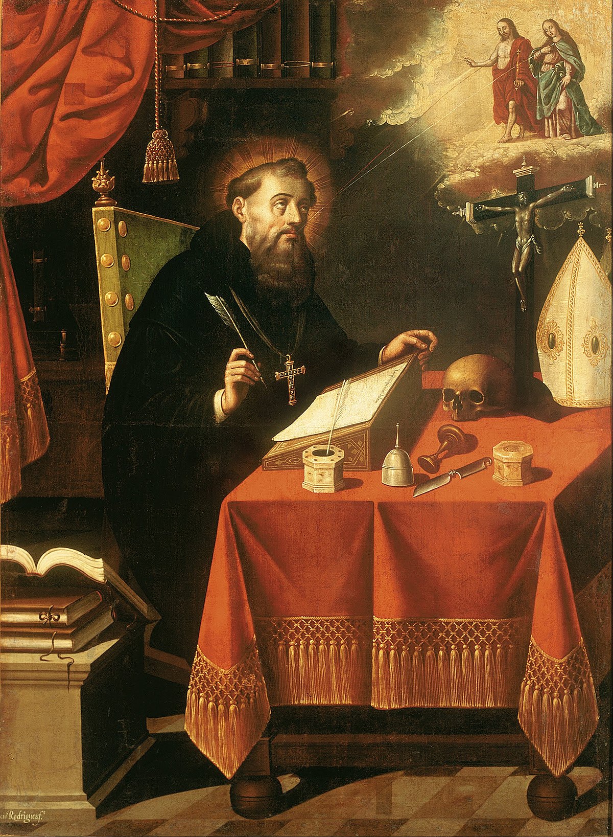 A painting by Antonio Rodríguez depicts Saint Augustine seated at a desk, writing with a quill, with a skull and a bishop's mitre nearby. In the upper right, a vision of Jesus and another figure appears in the clouds.