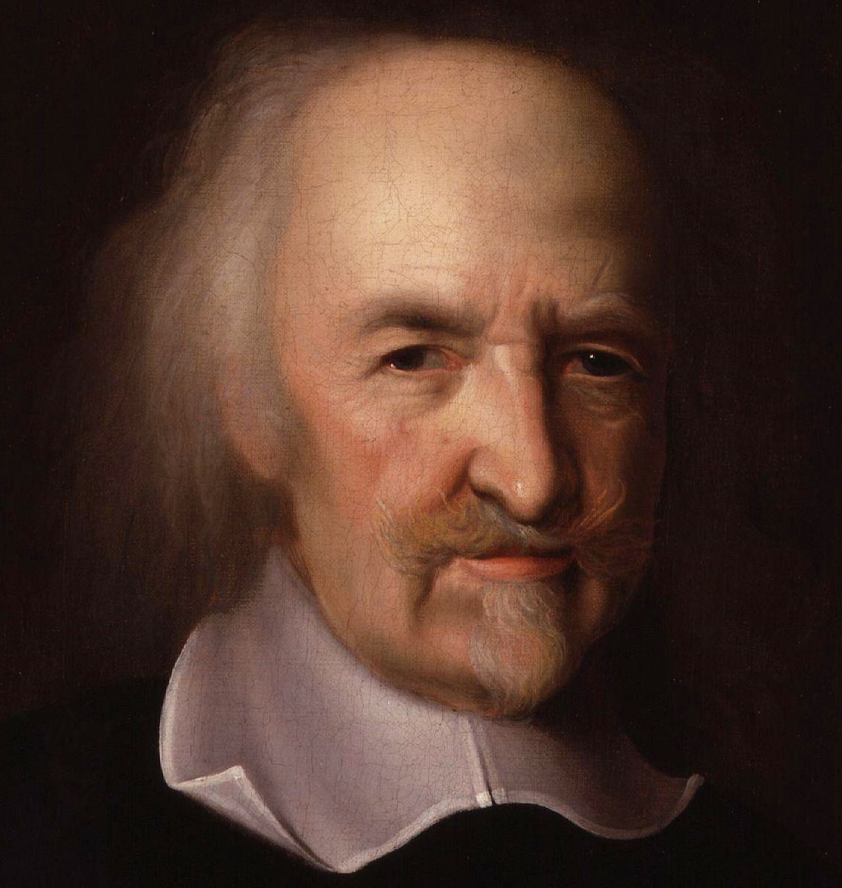 A portrait depicts Thomas Hobbes, an English philosopher, with long white hair, a mustache, and a white collar over a dark coat. He is looking slightly to the right.