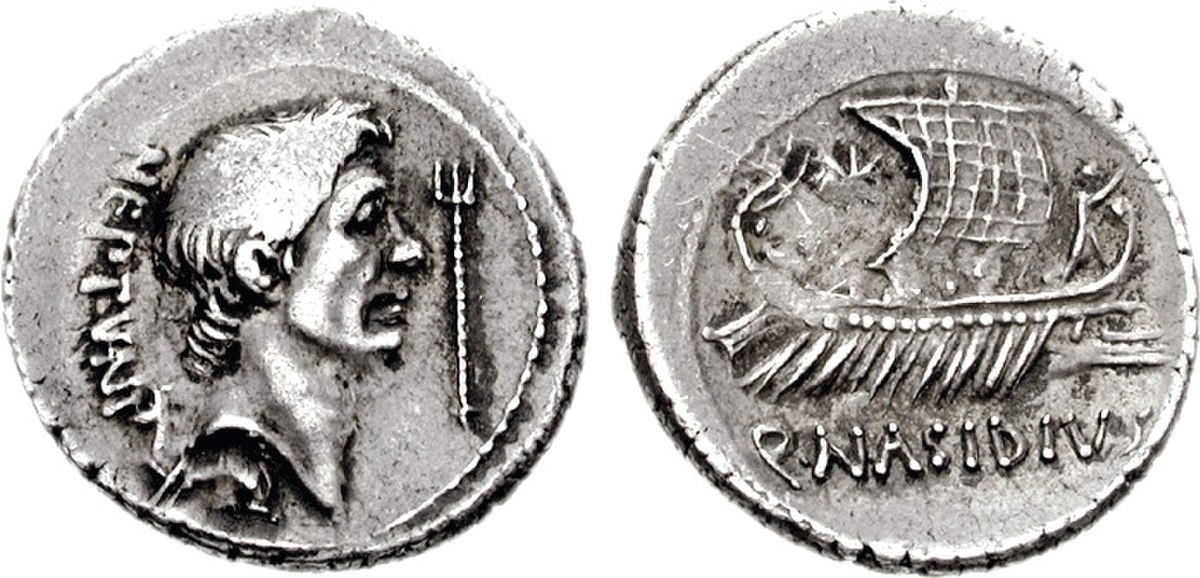 Two sides of an ancient Roman coin are displayed: the obverse features the head of Pompey the Great with the inscription "NEPTUNI", and the reverse shows a ship with the inscription "CN. NASIDIVS".