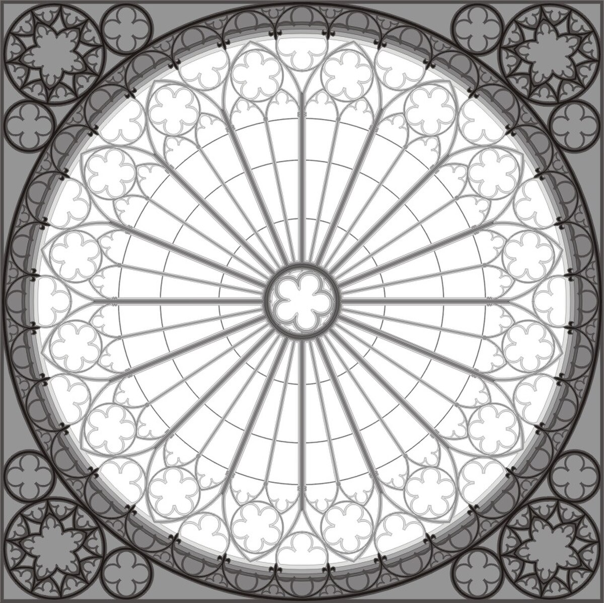 An architectural drawing illustrates the intricate design of the rose window on the west facade of Strasbourg Cathedral. The drawing shows a complex pattern of radiating spokes, quatrefoils, and cusped arches within a large circular frame, surrounded by smaller decorative elements.