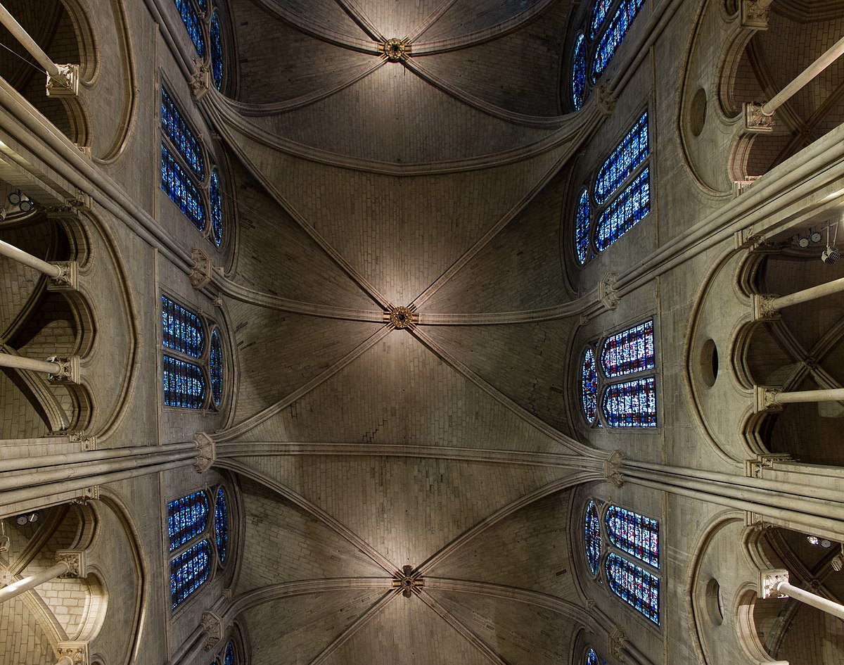Interior view looking up at the vaulted ceiling of Notre-Dame de Paris, showing the intricate rib vaulting and stained-glass windows. The symmetrical design emphasizes the height and structural complexity of the cathedral's roof.