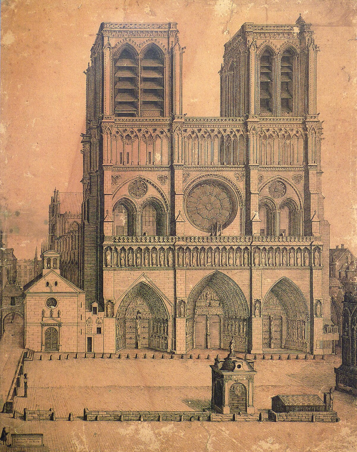 Drawing of the facade of Notre-Dame de Paris in 1699, depicting the cathedral's two towers, rose window, and intricate Gothic architectural details. A smaller building is attached to the left side, and a square with figures is in the foreground.