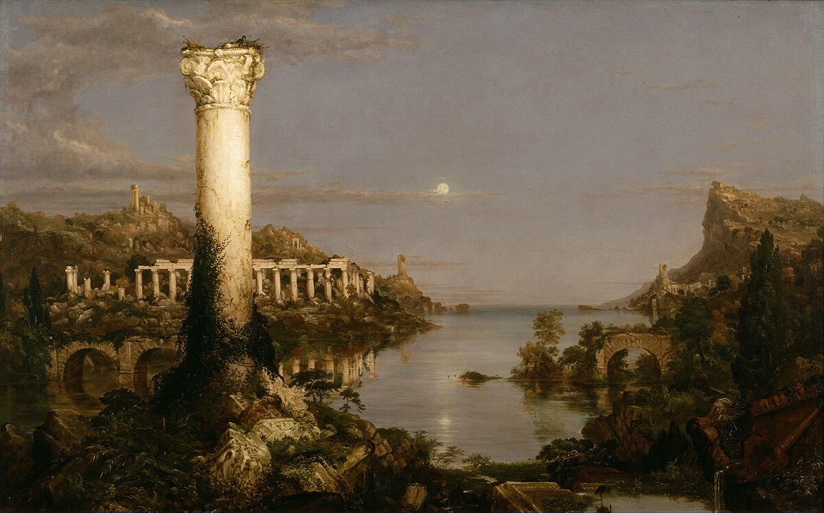 A painting by Thomas Cole titled "The Course of Empire: Desolation" (1836) depicts a desolate landscape with the ruins of a once-grand city. A single, broken column stands prominently in the foreground, overlooking a calm body of water, with a moon or sun low in the sky, and overgrown ruins stretching into the distance.