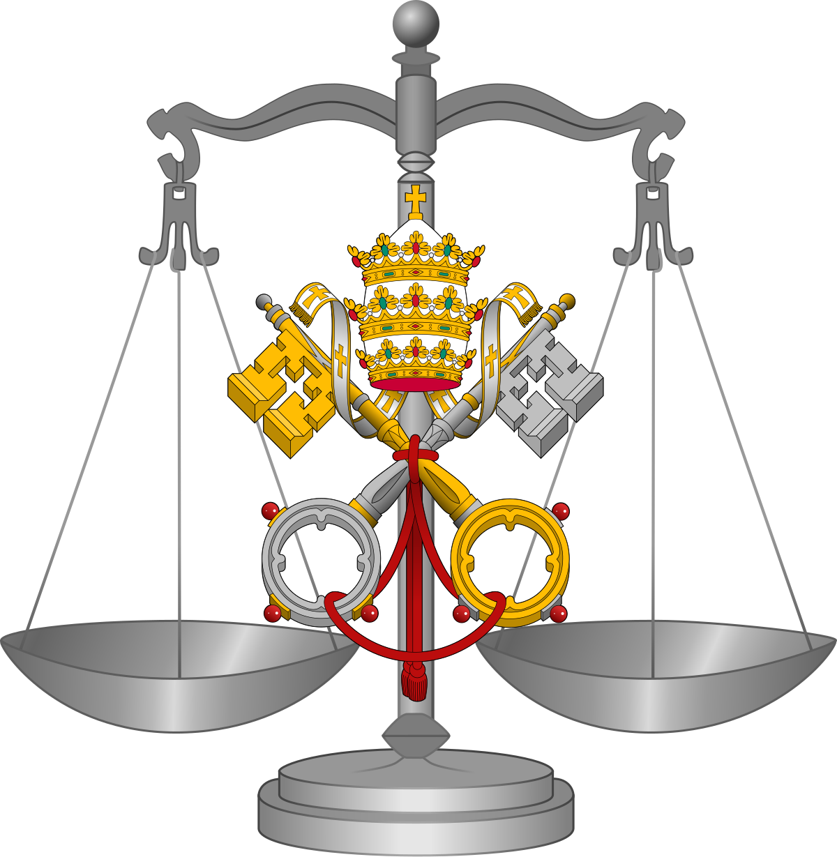 Illustration of a scale of justice with the Papal Tiara and Keys of Saint Peter at its center. The scales are balanced, symbolizing justice, and the papal regalia represent the authority of the Catholic Church.