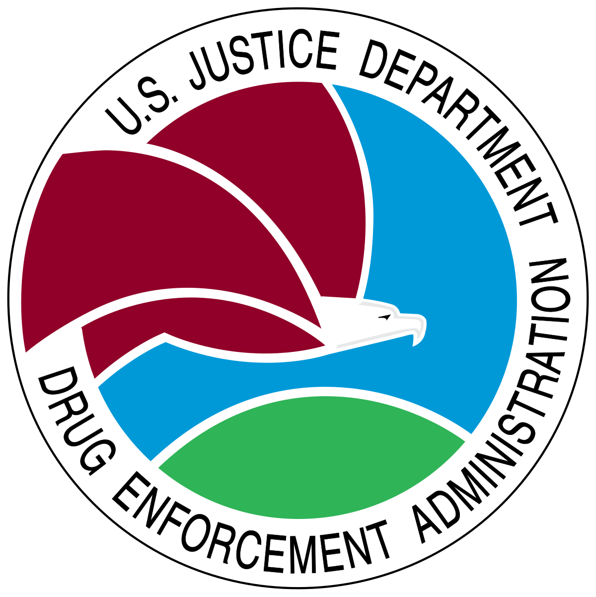 The official seal of the United States Drug Enforcement Administration (DEA), a circular emblem with an eagle with outstretched wings over a blue sky and green land. The eagle is surrounded by a white band containing the text "U.S. JUSTICE DEPARTMENT DRUG ENFORCEMENT ADMINISTRATION".