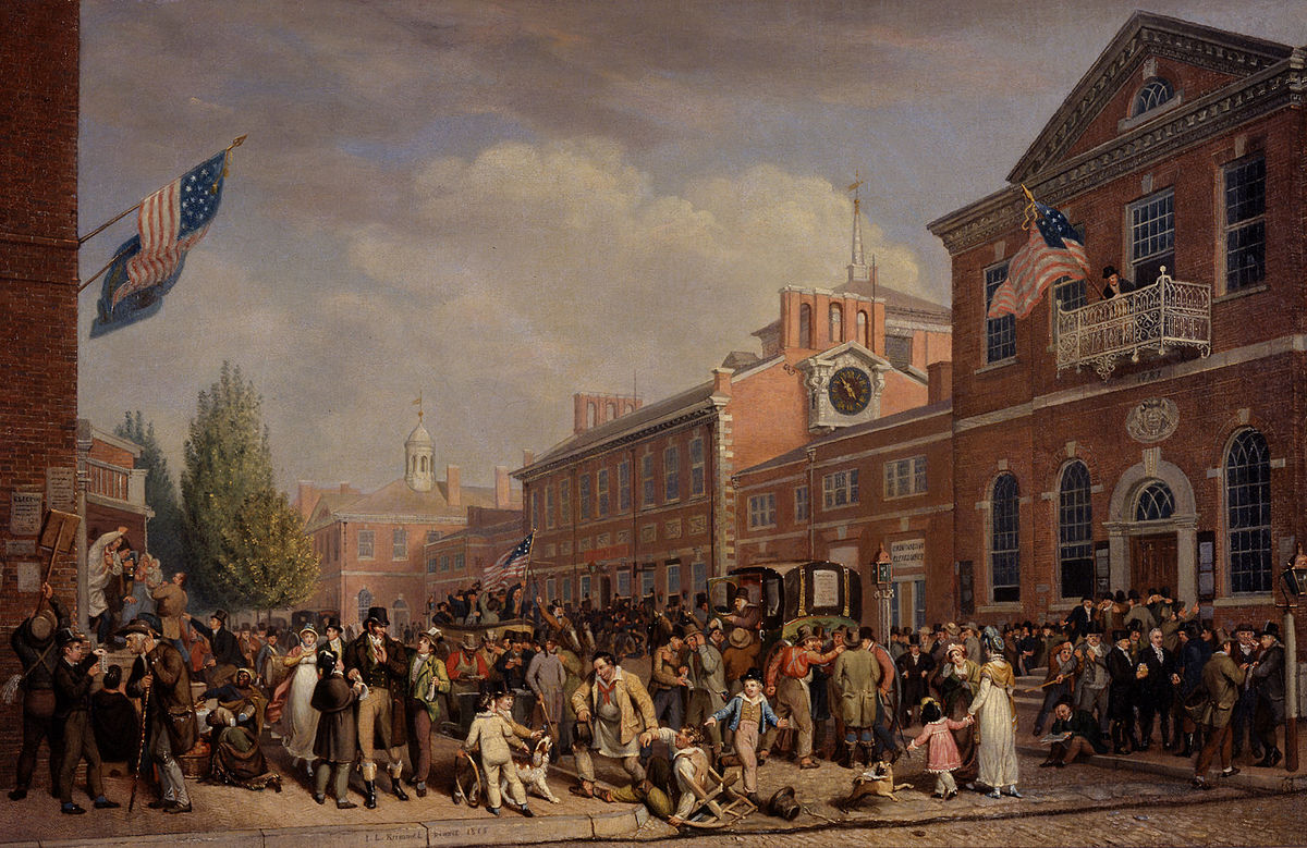 An oil painting by John Lewis Krimmel titled "Election Day 1815" depicts a bustling street scene in Philadelphia during an election. Crowds of people are gathered around buildings, some engaged in discussions or disputes, with American flags displayed prominently.