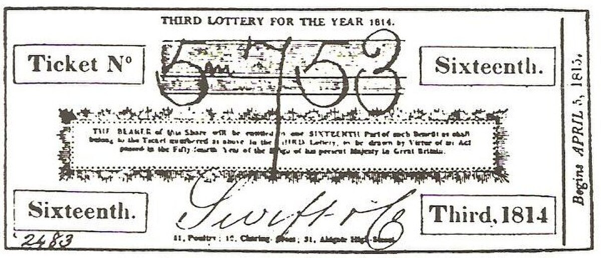 An 1814 English State Lottery Ticket is shown, with the number "5753" handwritten across it. The ticket states "THIRD LOTTERY FOR THE YEAR 1814" and includes text about the share being entitled to a prize drawn by virtue of an Act of Parliament.