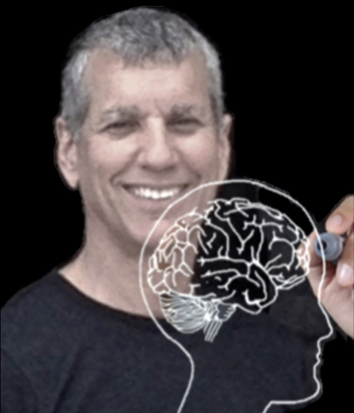 Portrait of John T. Cacioppo, a smiling man with gray hair, with a hand drawing a brain outline over his head. The brain drawing highlights the cerebral cortex.
