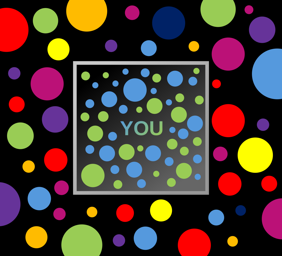 Abstract illustration of an echo chamber, featuring a central square labeled "YOU" surrounded by smaller, similarly colored circles, which are themselves surrounded by a wider array of multicolored circles on a black background. The central square contains blue, green, and light blue circles, reflecting the colors of some of the outer circles.