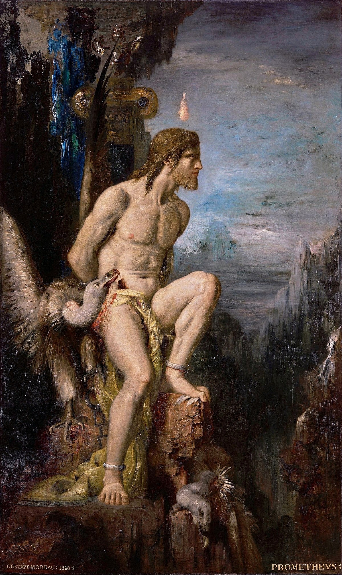 The painting "Prometheus" by Gustave Moreau, 1868, depicts Prometheus chained to a rock, with an eagle attacking his liver. A small flame hovers above his head, symbolizing the fire he stole from the gods.