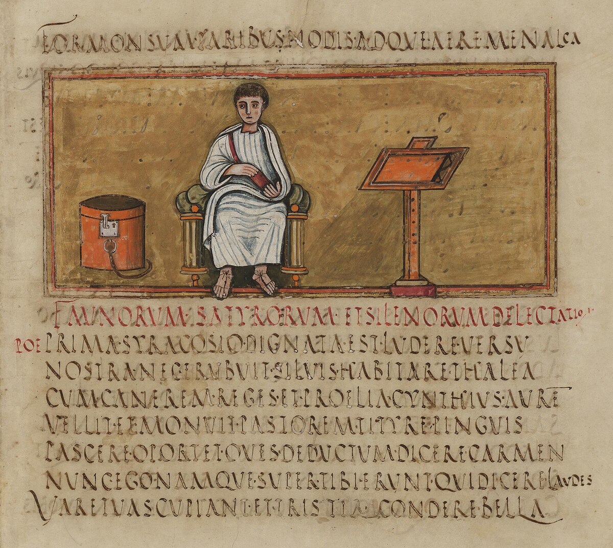 A fifth-century manuscript illustration from the Vergilius Romanus depicts the Roman poet Virgil seated on a throne, holding a scroll. To his left is a cylindrical object, and to his right, a wooden lectern.