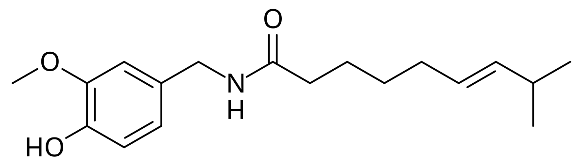 Chemical structure of capsaicin, showing its molecular formula with a methoxy group, a hydroxyl group, an amide linkage, and an unsaturated alkyl chain.
