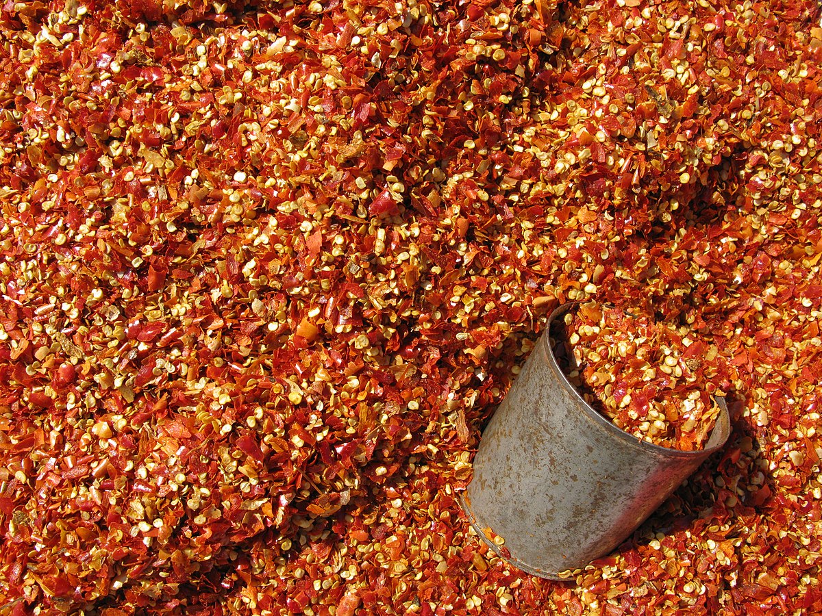 A close-up view of dried red chili pepper flakes, identified as Capsicum annuum, with a metal scoop partially submerged in the flakes. The flakes are a mix of red pepper skin and lighter-colored seeds.