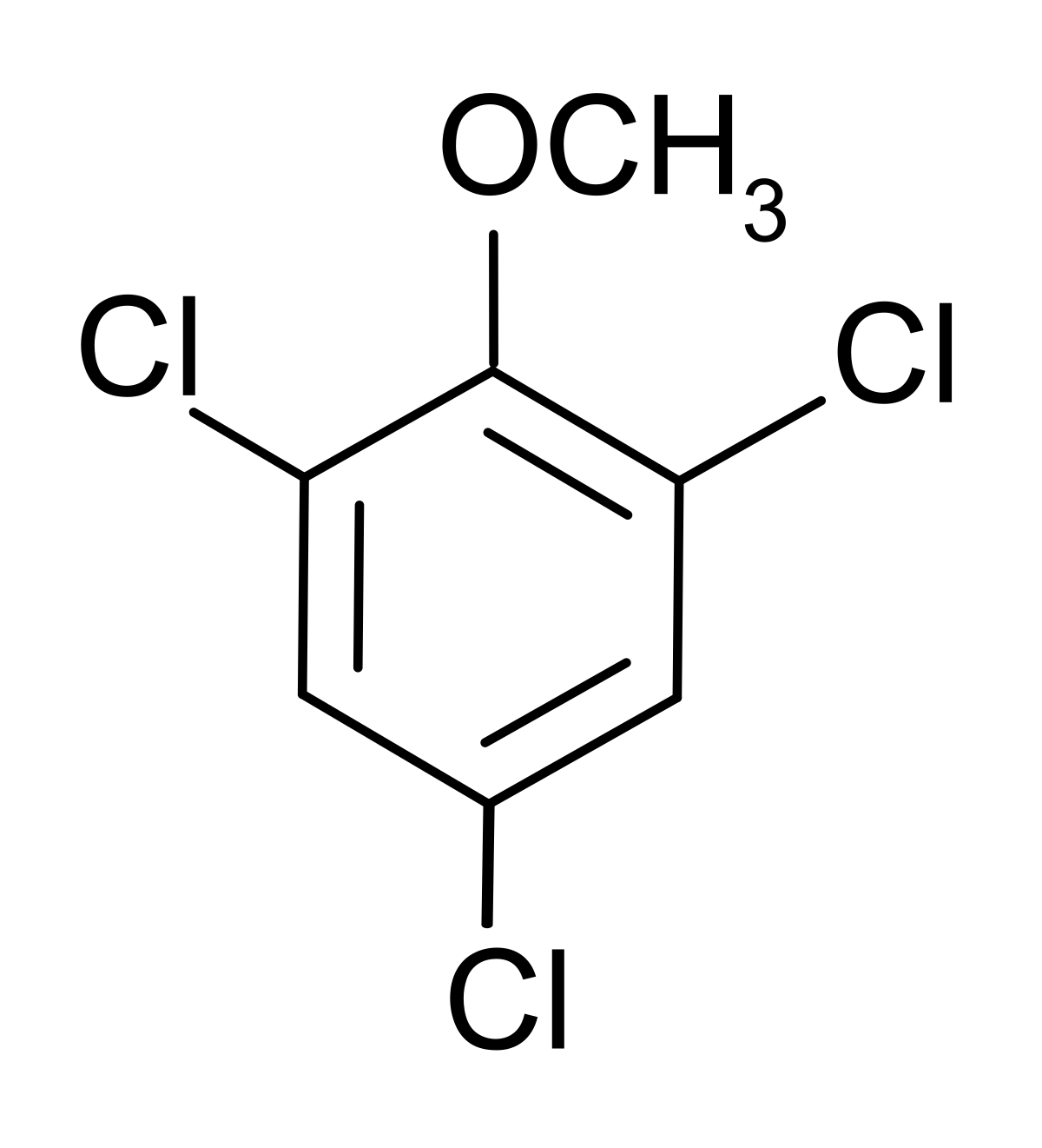 Chemical structure of 2,4,6-trichloroanisole, a chlorinated aromatic compound with a methoxy group (OCH3) and three chlorine atoms (Cl) attached to a benzene ring.