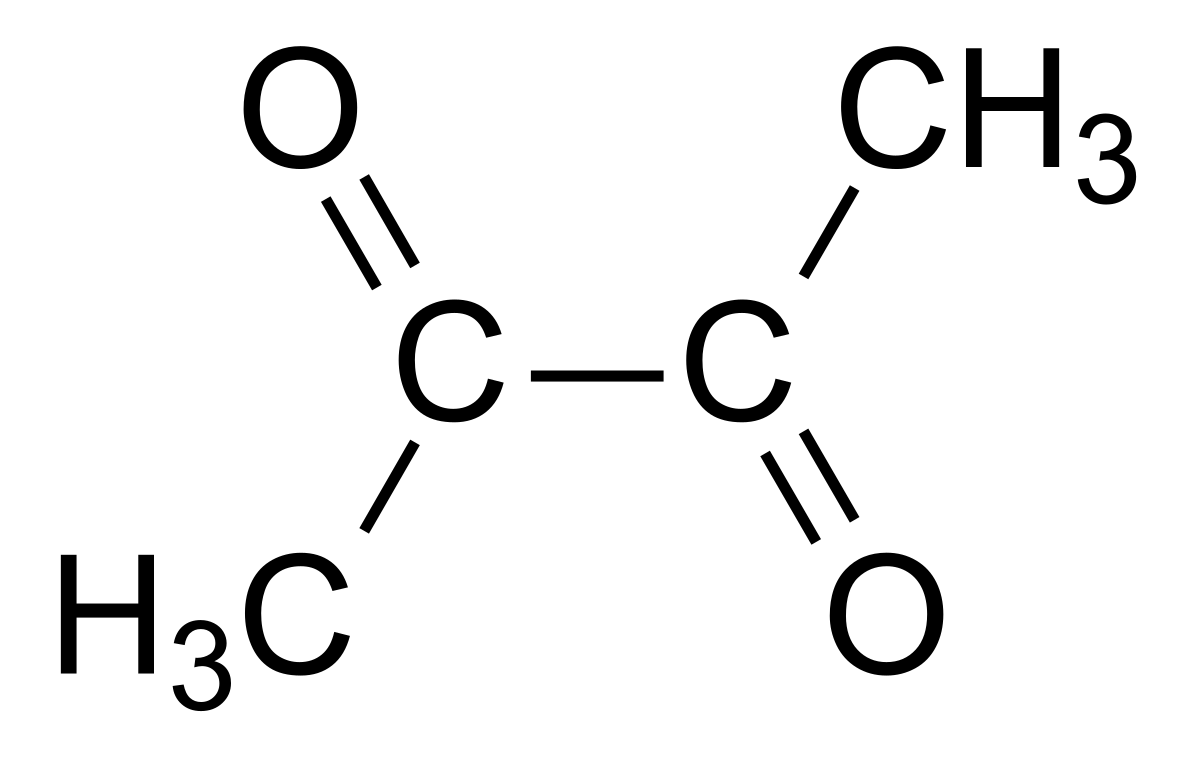 Chemical structure of diacetyl, showing two methyl groups (CH3) bonded to a central carbon chain with two carbonyl groups (C=O).