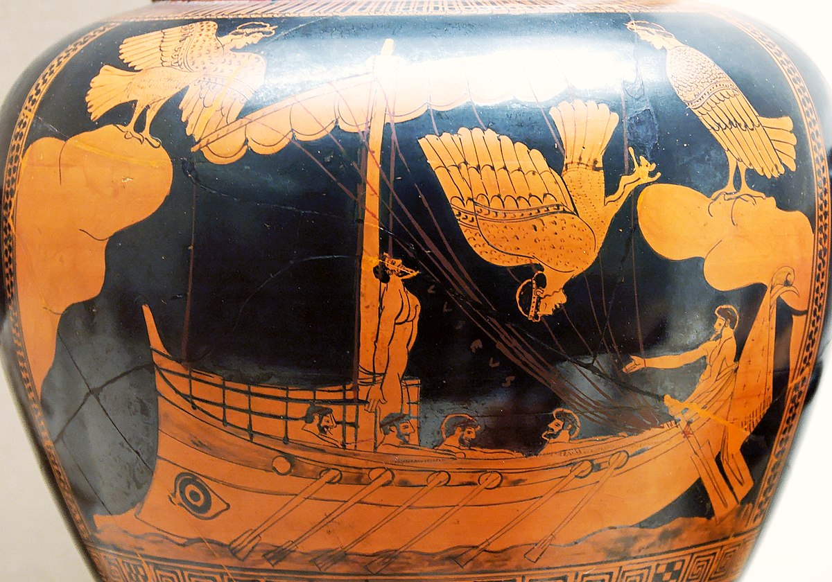 An ancient Greek vase painting depicting Odysseus lashed to the mast of his ship, with his crew rowing and three Sirens, depicted as bird-women, perched on rocks around the ship.