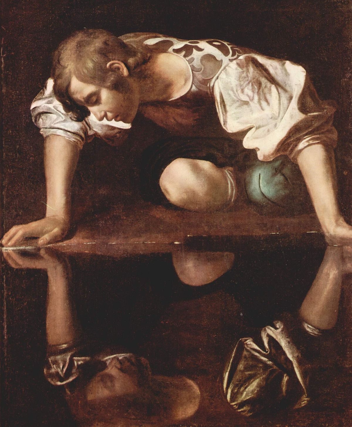 Caravaggio's painting "Narcissus" (1597–99) depicts a young man, Narcissus, gazing intently at his own reflection in a pool of water.