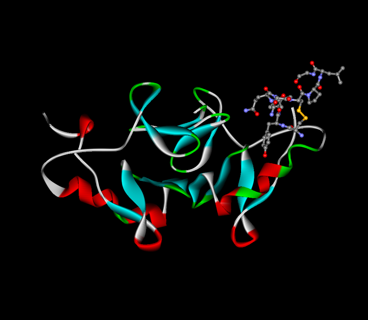 A 3D molecular model shows oxytocin (represented as a ball-and-stick model) bound to its carrier protein neurophysin (represented by ribbons). The neurophysin protein displays alpha-helices (red) and beta-sheets (cyan) secondary structures, with green segments indicating turns or loops.