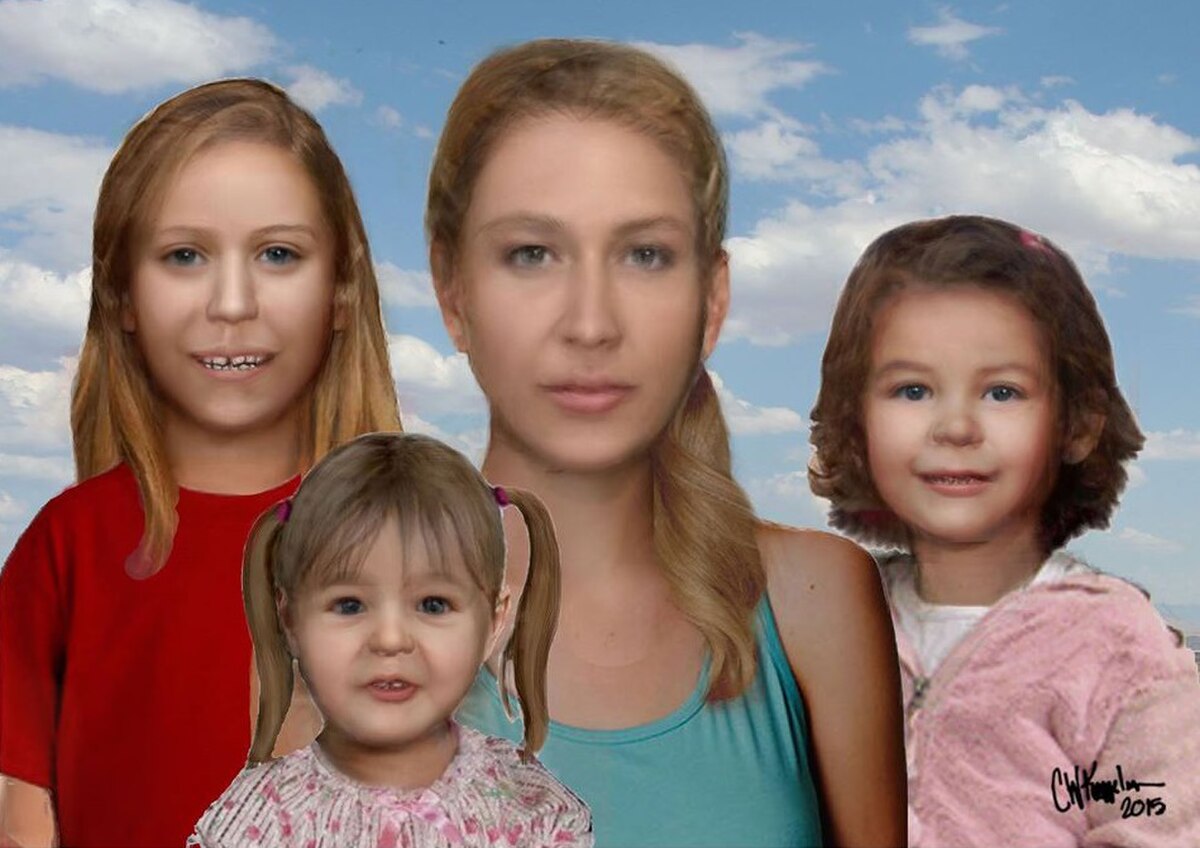 Forensic facial reconstructions by Carl Koppelman of the four victims of the Bear Brook murders, known as the Allenstown Four. The image shows a woman and three girls of varying ages against a sky background.
