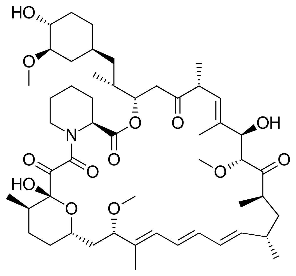 Skeletal chemical structure of sirolimus (rapamycin), a complex macrolide molecule featuring multiple hydroxyl and methoxy groups, a piperidine ring, and a conjugated polyene system.