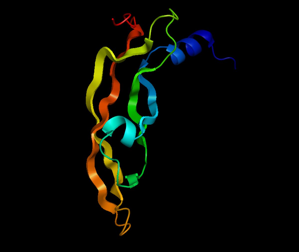 Crystal structure of Vammin, a VEGF-F protein derived from snake venom, displayed as a colorful ribbon diagram against a black background. The protein folds into a complex three-dimensional structure with alpha-helices and beta-sheets represented by different colors.