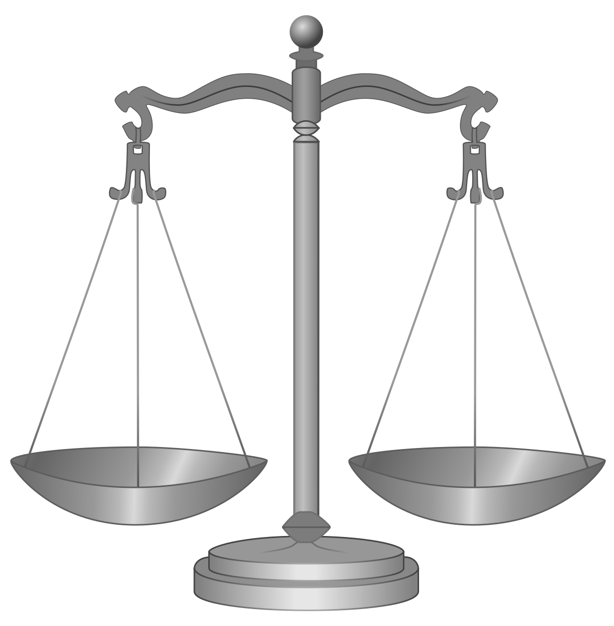 A gray illustration of a traditional balance scale, symbolizing justice. The scale has two empty pans suspended from a central beam, which is supported by a stand.