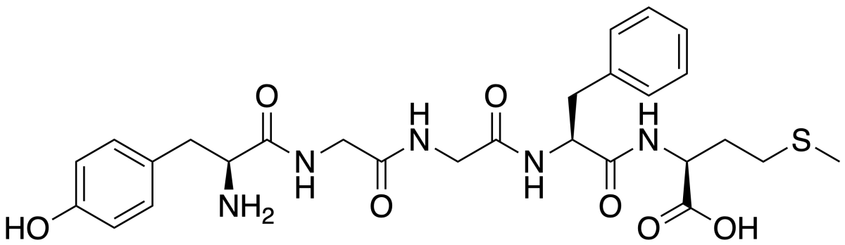 Chemical structure of Met-enkephalin, a pentapeptide with the sequence Tyr-Gly-Gly-Phe-Met. The structure shows various functional groups including hydroxyl, amine, carbonyl, and a methylthio group.