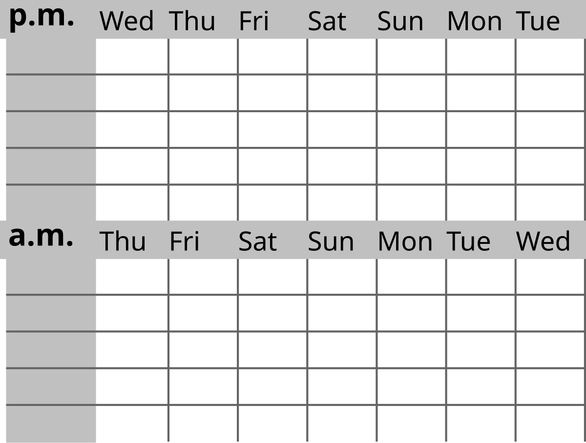 A blank sleep diary grid with p.m. and a.m. time blocks on the Y-axis and days of the week (Wed, Thu, Fri, Sat, Sun, Mon, Tue) on the X-axis. The diary is designed to track sleep patterns, with nighttime at the top and the weekend in the middle.