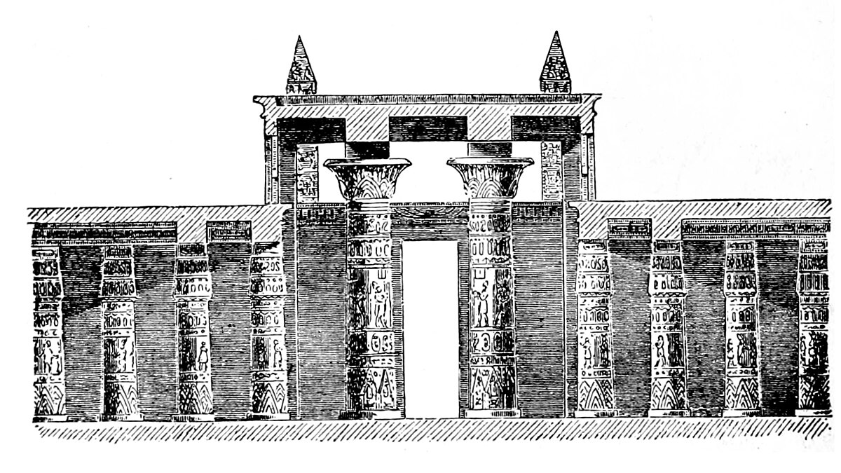 A front-view profile drawing of the Great Hypostyle Hall, an early example of a clerestory in ancient Egyptian architecture. The central nave is raised, allowing light to enter through grilles above the side aisles, illuminating the hieroglyph-covered columns.