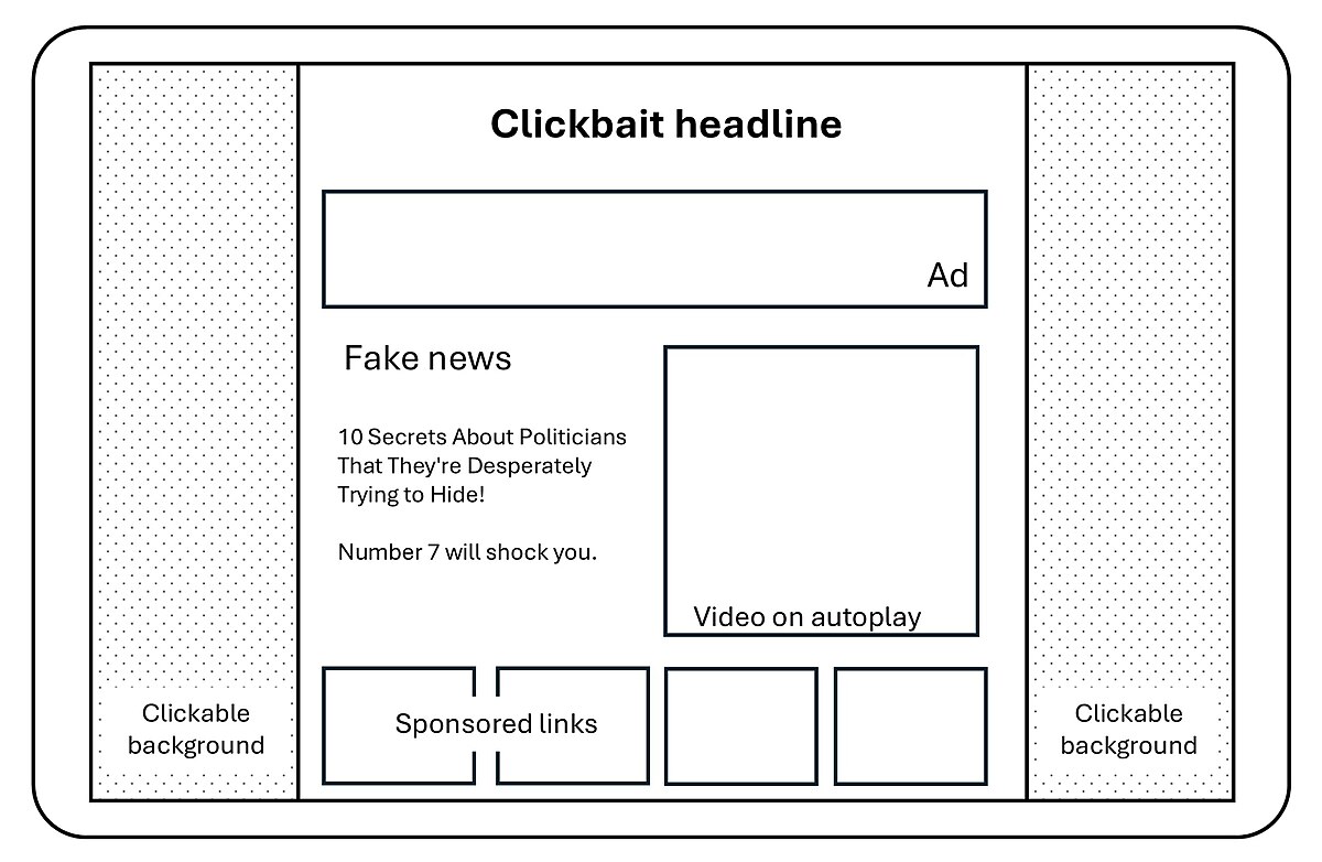A diagram illustrates the layout of a "Made for Advertising" (MFA) website, designed to monetize fake news, featuring a "Clickbait headline," an "Ad" banner, and a "Fake news" section with a headline "10 Secrets About Politicians That They're Desperately Trying to Hide! Number 7 will shock you." The diagram also shows a "Video on autoplay," "Sponsored links," and "Clickable background" areas.
