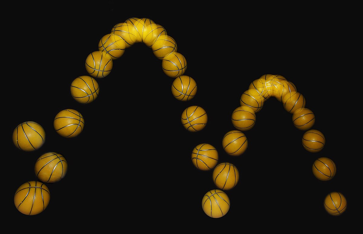 A stroboscopic image captures the path of a bouncing ball, showing multiple instances of the ball at different points in its trajectory. The ball, which appears yellow with black lines, demonstrates two distinct bounces, with each subsequent bounce reaching a lower height due to inelastic collisions.