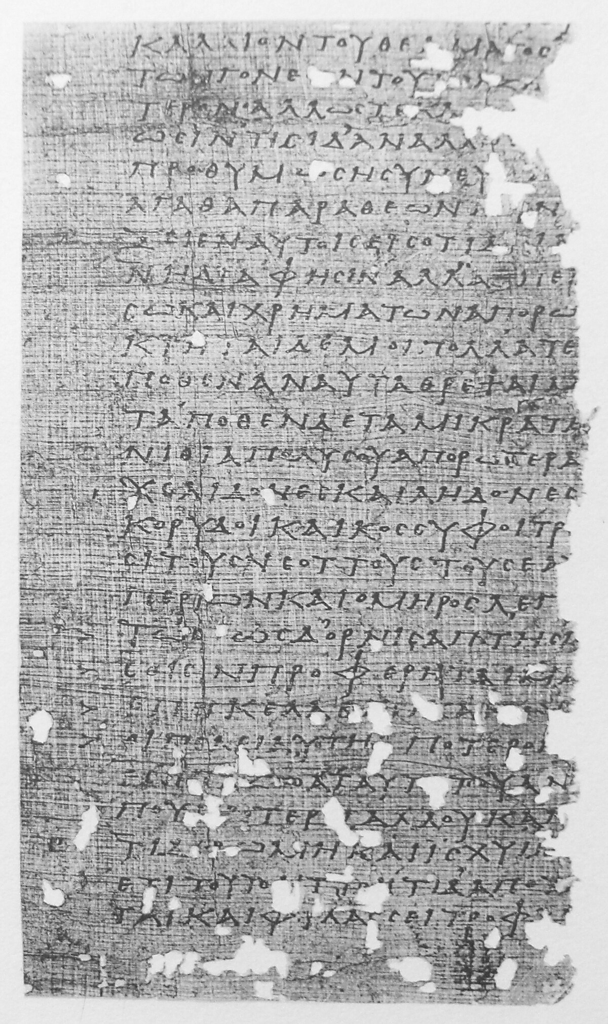 A papyrus fragment, P.Harr. I 1, from the 3rd century, showing a section of Discourse 15 of Gaius Musonius Rufus. The fragment contains ancient Greek text written in columns.
