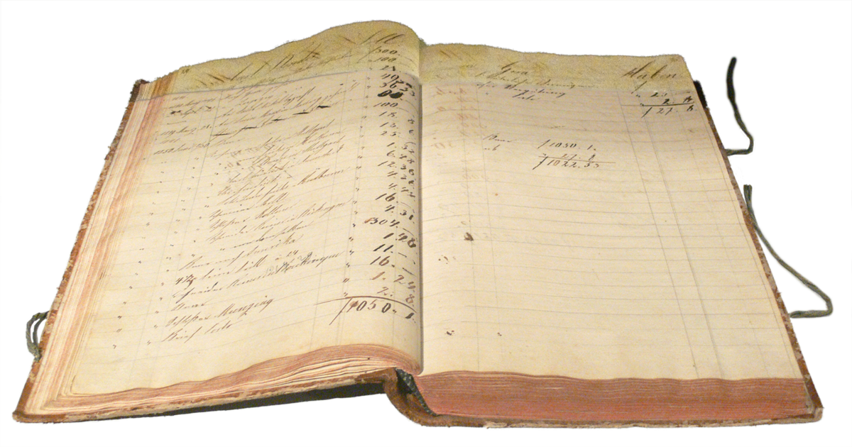 An open ledger book displays handwritten entries on both pages, with the left page containing columns of numbers and text, and the right page having fewer entries. The book has a worn, brown cover and is tied with strings.