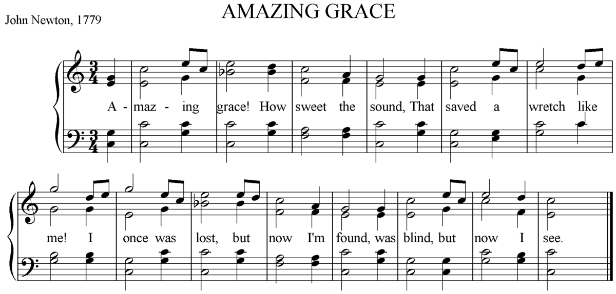 Mechanically printed sheet music for the hymn "Amazing Grace" by John Newton, 1779. The music is presented in two staves with lyrics below the notes, showing the first verse of the song.